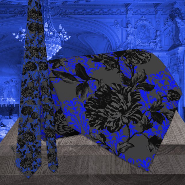 Gothic Electric Blue Damask Black Floral Wedding Tie (Creator Uploaded)