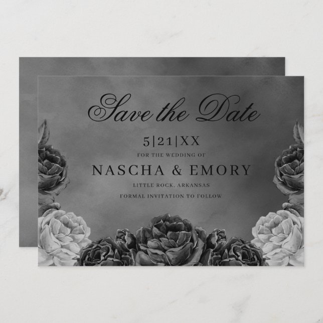 Gothic Elegance Grey Monochrome Rose Save The Date (Front/Back)
