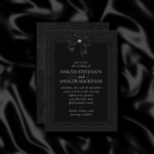 Gothic Elegance | Onyx Black Bow Moody Wedding Invitation (Creator Uploaded)