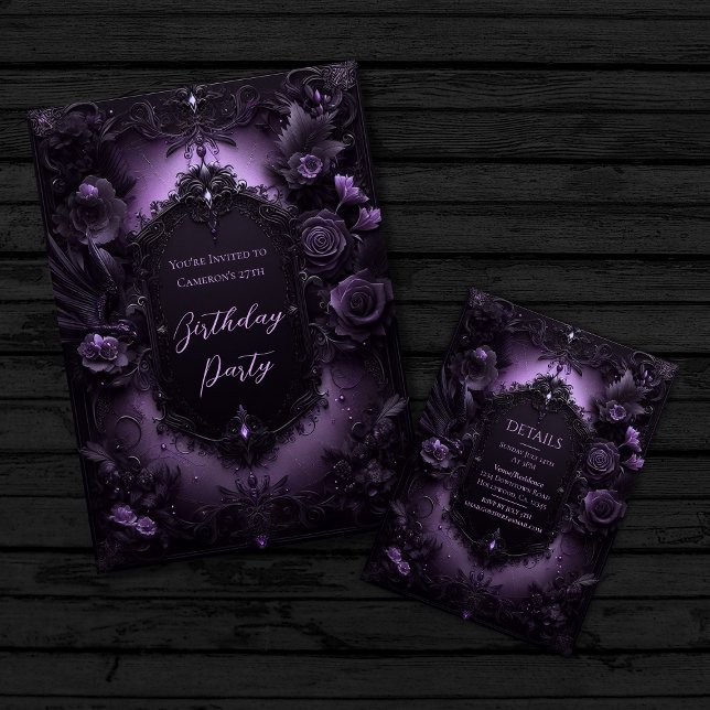 Gothic Elegance Purple and Black Birthday Invitation (Showing front and back of invitation.
)