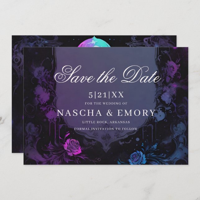Gothic Elegance Purple Boho Skull Save The Date (Front/Back)