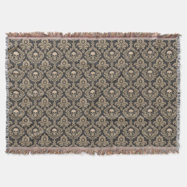 Gothic Elegance Skull Damask Throw Blanket (Front)