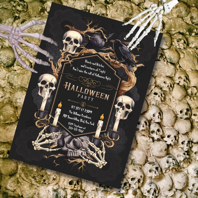 Gothic Elegance Skulls Raven Halloween Party  Invitation (Gothic Halloween Party Invitation)