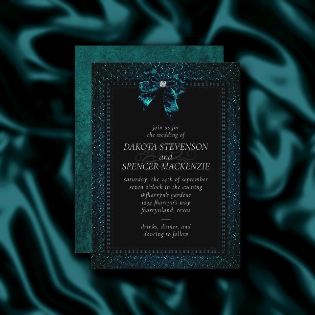 Gothic Elegance | Teal Topaz Bow Moody Wedding Invitation (Creator Uploaded)
