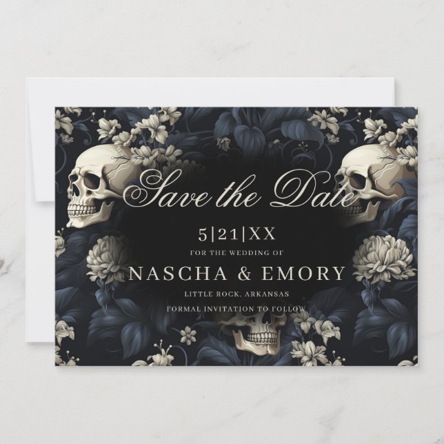 Gothic Elegant Floral Skulls Dark Wedding Save The Date (Front)