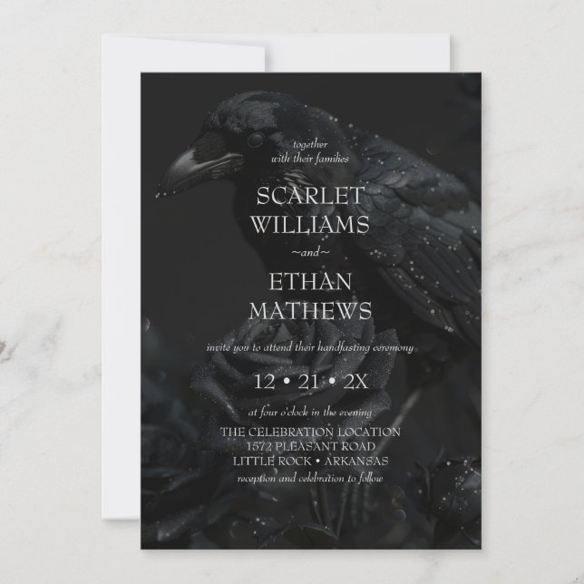 Gothic Elegant Raven & Rose Black Handfasting  Invitation (Front)