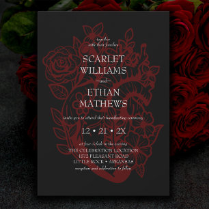 Gothic Elegant Red Black Floral Heart Handfasting  Invitation