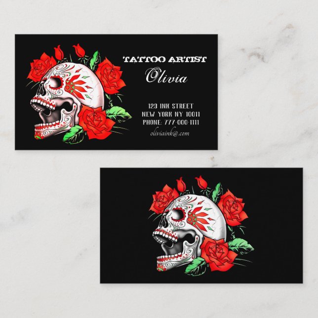 Gothic Elegant Skull And Red Roses Business Card (Front/Back)