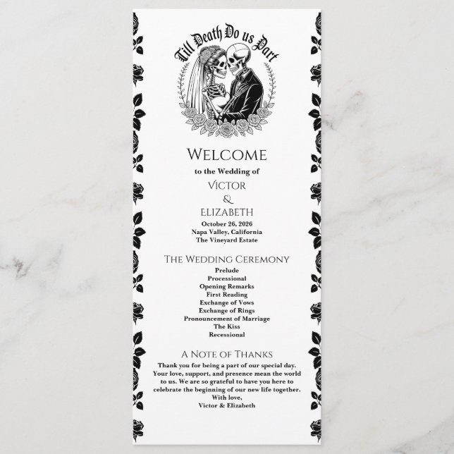 Gothic Elegant Till Death Skeleton Wedding  Programme (Front)