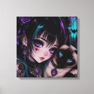 Gothic Emo Anime Girl & Cat Canvas Print
