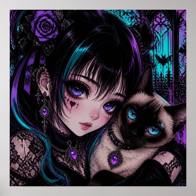 Gothic Emo Anime Girl & Cat Poster (Front)