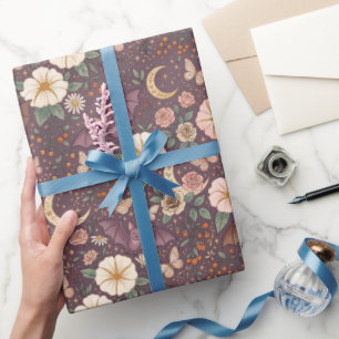 Gothic Enchanting Flying Bats Moon Flowers Wrapping Paper