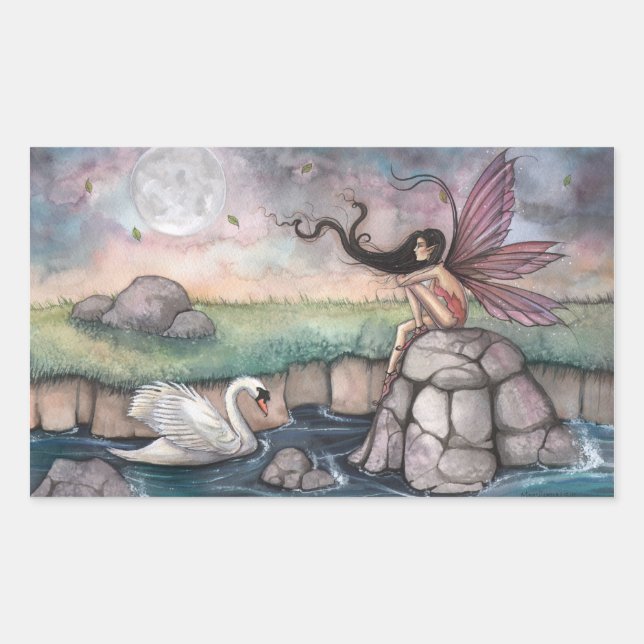 Gothic Fairy and Swan Fantasy Art Rectangular Sticker (Front)