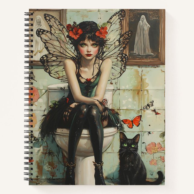Gothic Fairy & Black Cat Quirky Halloween Art Notebook (Front)