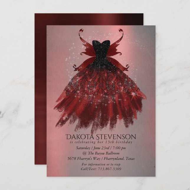 Gothic Fairy Crimson Gown | Deep Radiant Red Sheen Invitation (Front/Back)