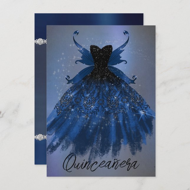 Gothic Fairy Navy Gown | Deep Cobalt Blue Sheen Invitation (Front/Back)