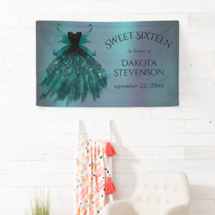 Gothic Fairy Teal Gown Deep Midnight Green Sheen Banner