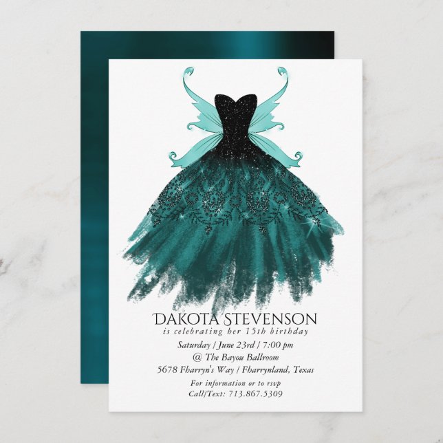 Gothic Fairy Teal Gown | Deep Midnight Green Sheen Invitation (Front/Back)