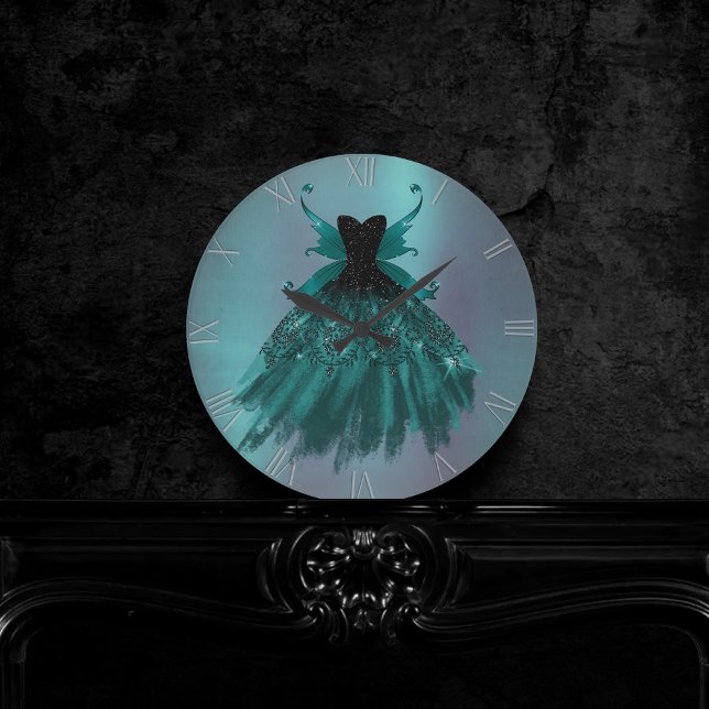Gothic Fairy Teal Gown | Deep Midnight Green Sheen Round Clock (Creator Uploaded)