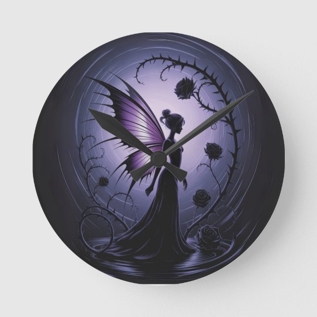 Gothic Fairy with Black Roses - Dark and E Phantas Round Clock (Front)