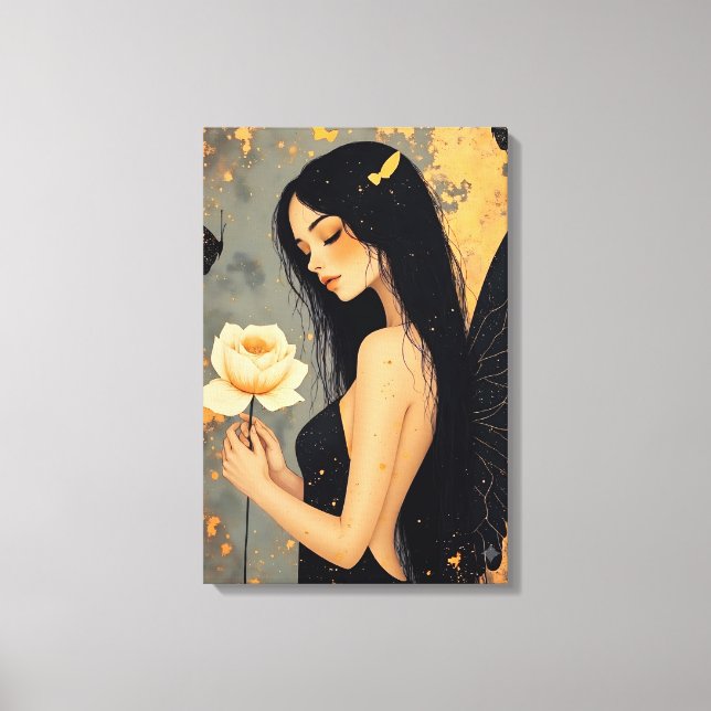 Gothic Fairy with White Wings and Rose   Canvas Print (Front)