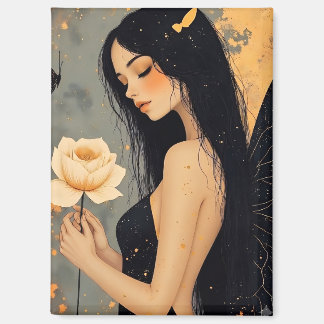Gothic Fairy with White Wings and Rose Magnet