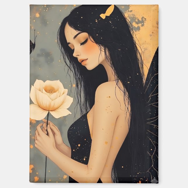 Gothic Fairy with White Wings and Rose   Magnet (Front)