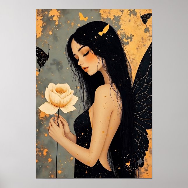 Gothic Fairy with White Wings and Rose   Poster (Front)