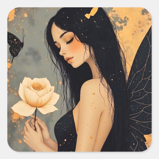Gothic Fairy with White Wings and Rose   Square Sticker (Front)