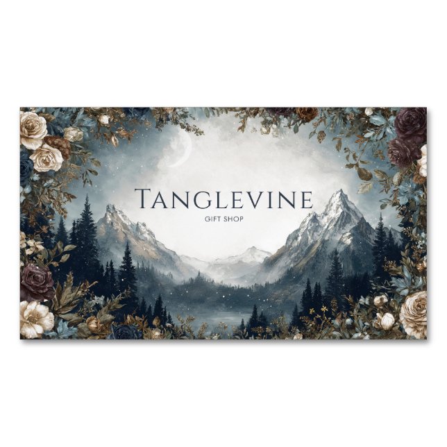 Gothic Fairytale Floral Frame Mountain Moon Scene Magnetic Business Card (Front)