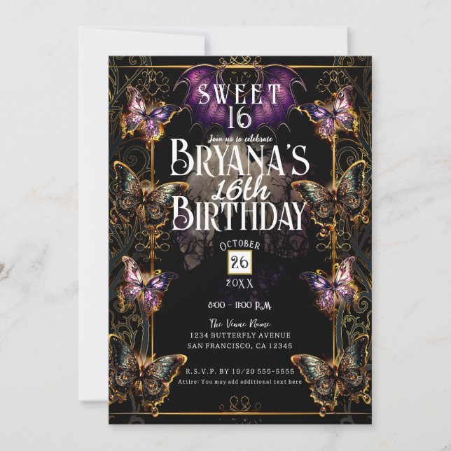 Gothic Fairytale Gold Butterfly & Bat Sweet 16  Invitation (Front)