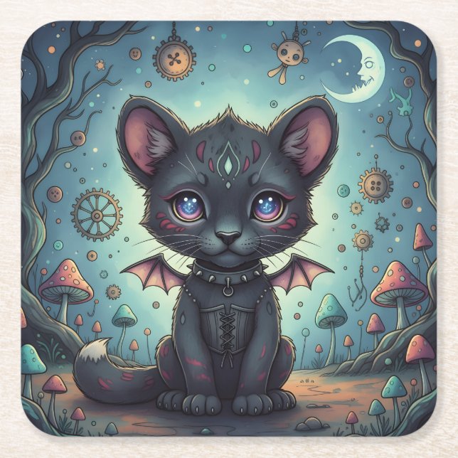 Gothic Fantasy Baby KitBat Square Paper Coaster (Front)