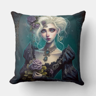 Gothic Fantasy Girl with Lavender Flowers Pillow