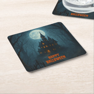 Gothic Fantasy Haunted Castle & Misty Moonlight Square Paper Coaster