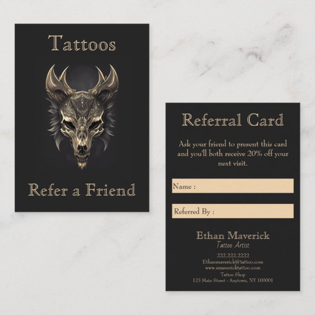 Gothic Fantasy Wolf Skull Black & Gold Referal Business Card (Front/Back)