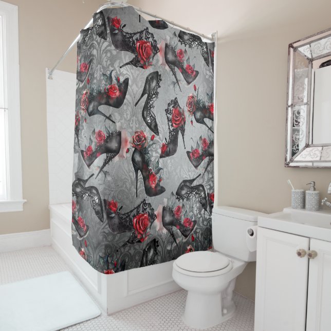Gothic Fashion High Heels with Red Roses Pattern Shower Curtain (In Situ)