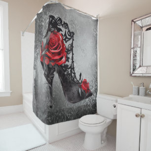 Gothic Fashion Stiletto Bootie with Red Roses  Shower Curtain