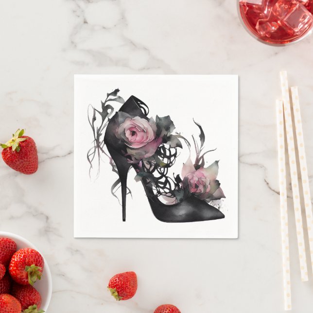 Gothic Fashion Stiletto Heel with Mauve Pink Roses Napkin (Insitu)