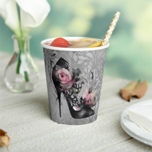 Gothic Fashion Stiletto Heel with Mauve Pink Roses Paper Cups