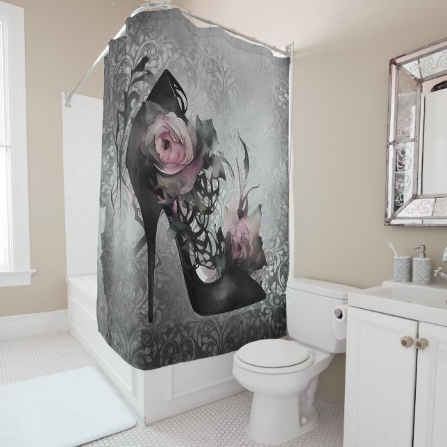 Gothic Fashion Stiletto Heel with Mauve Pink Roses Shower Curtain (In Situ)