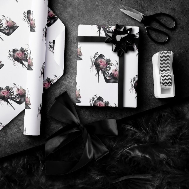 Gothic Fashion Stiletto Heel with Mauve Pink Roses Wrapping Paper (Creator Uploaded)