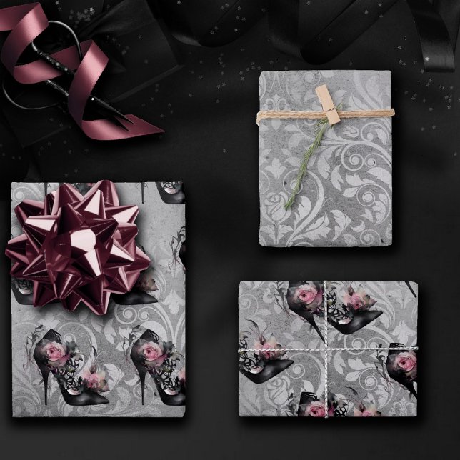 Gothic Fashion Stiletto Heel with Mauve Pink Roses Wrapping Paper Sheet (Creator Uploaded)