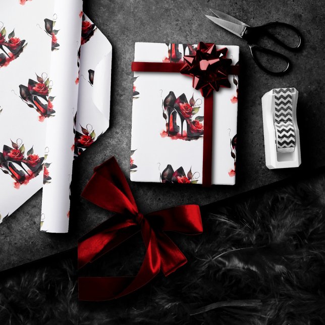 Gothic Fashionista Red Bottom Stilettos with Roses Wrapping Paper (Creator Uploaded)