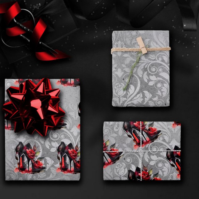 Gothic Fashionista Red Bottom Stilettos with Roses Wrapping Paper Sheet (Creator Uploaded)