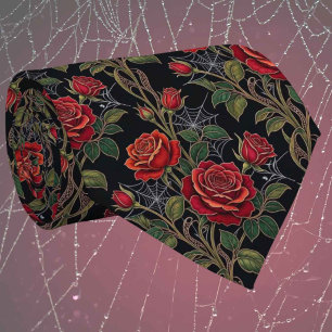 Gothic Faux Silk Roses & Spiderwebs Gentleman's Tie