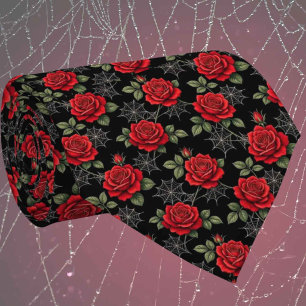 Gothic Faux Silk Roses & Spiderwebs Gentleman's Tie