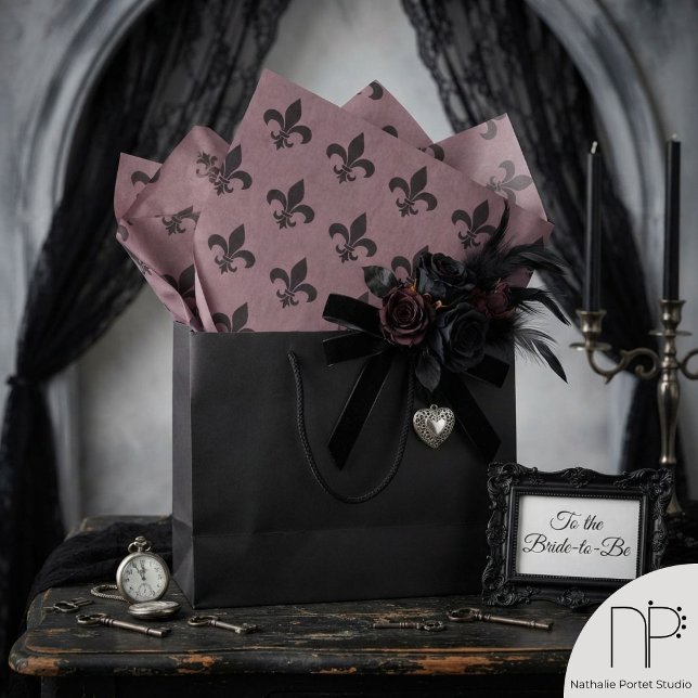 Gothic Fleur de Lis Moody Mauve Tissue Paper (Rich dusty pink gothic tissue paper featuring a fine-line fleur de lis pattern design.)