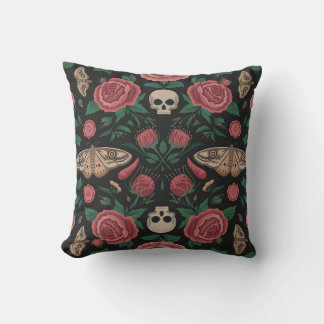 Gothic Floral and Moth Pattern with Skulls Cushion
