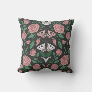 Gothic Floral and Skull Pattern with Moths Cushion