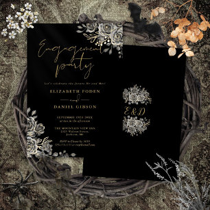 Gothic Floral Black And Gold Engagement Party Invitation